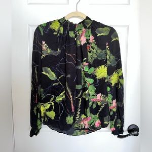 BABATON BLACK BOTANICAL V NECK BLOUSE (SIZE XS)